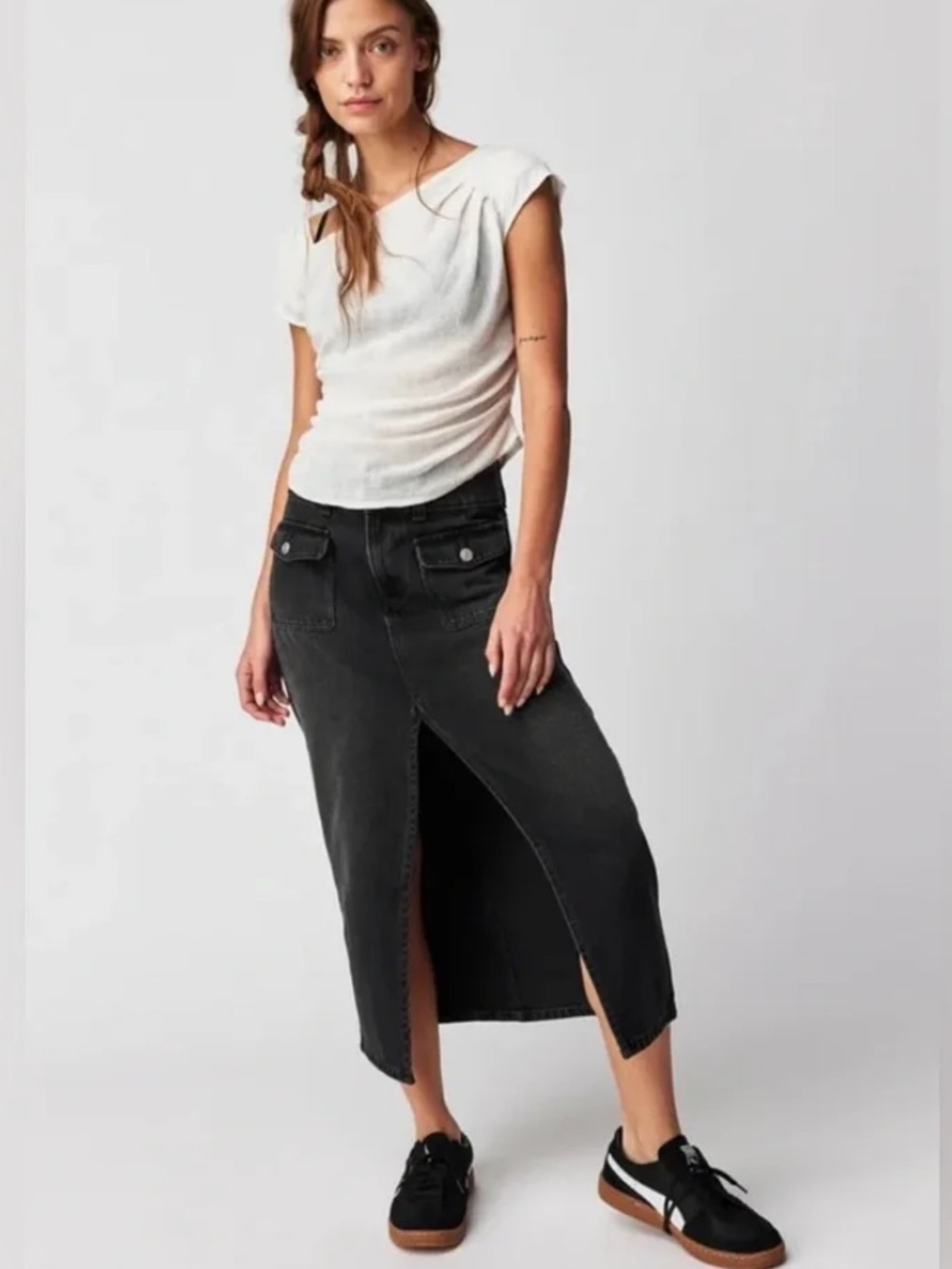 NWOT We The Free Black Madison Midi Denim Skirt‎ Front Slit 30